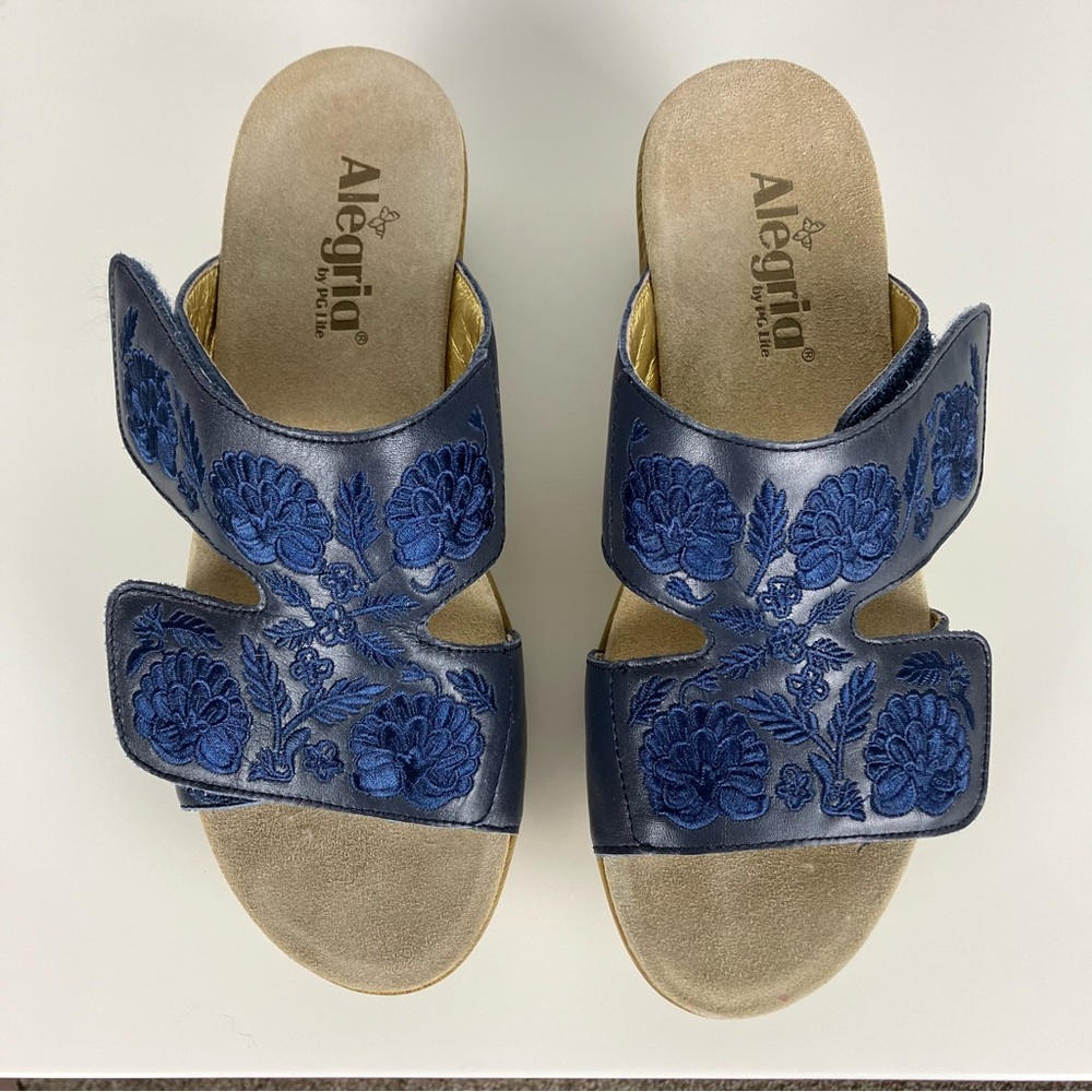 Alegria Linn Navy Embroidered Leather Slide Sandals Comfort Women Sz 41 / US 10